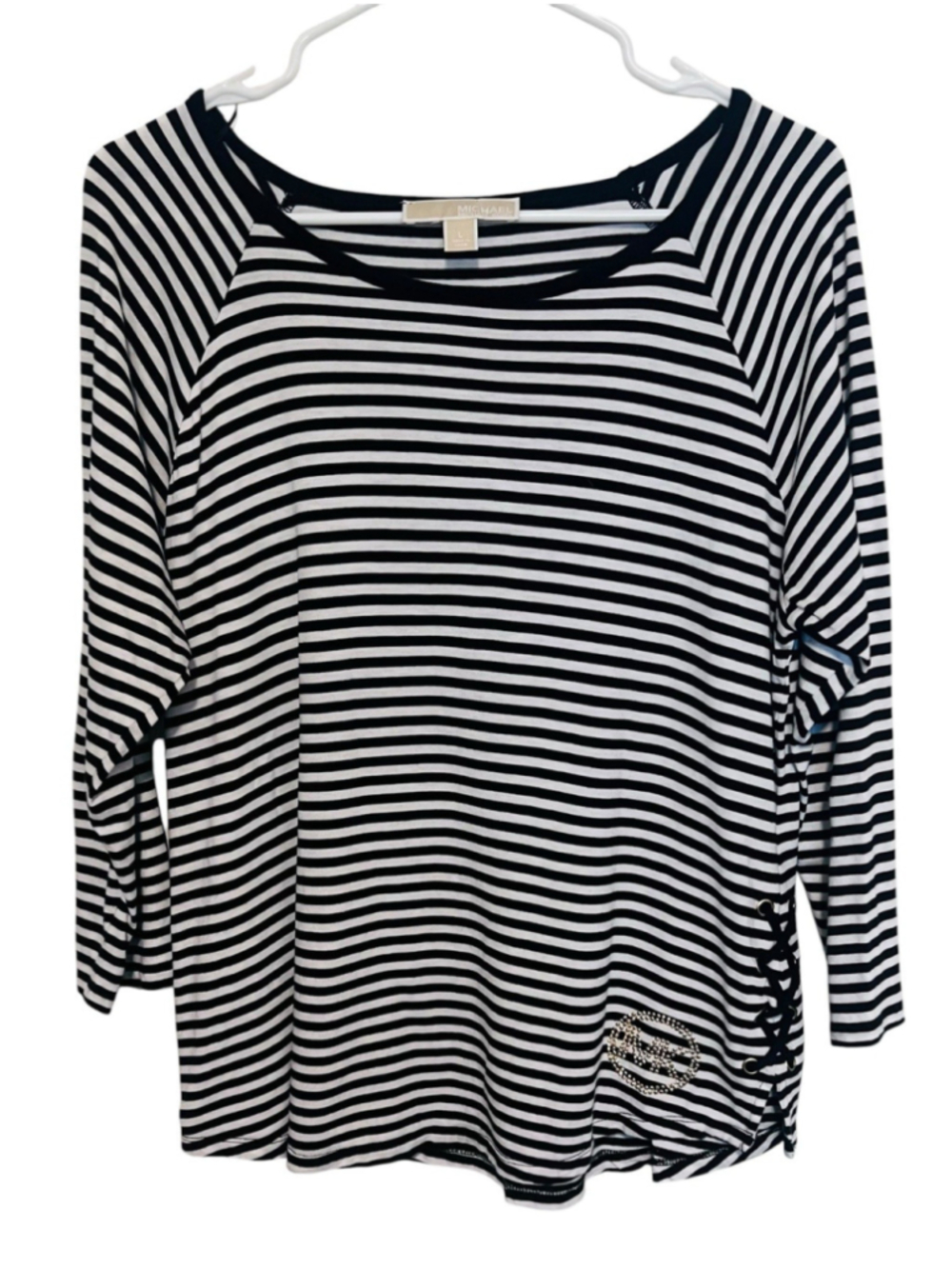 Michael Kors Top Women’s Large Black White Striped Lace Up Hem Rhinestone Logo
